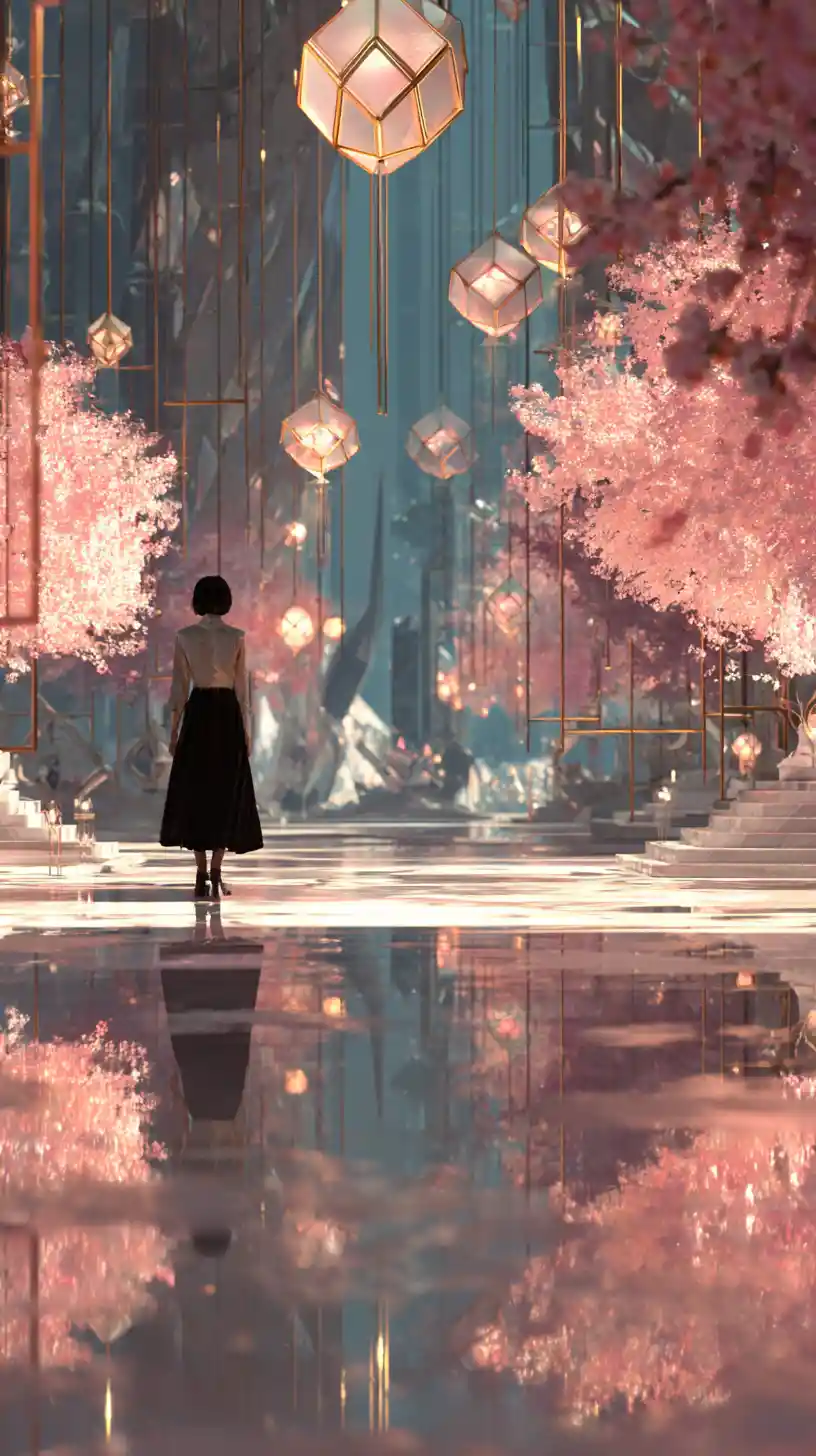 女子漫步於光耀日本奇幻城市景觀