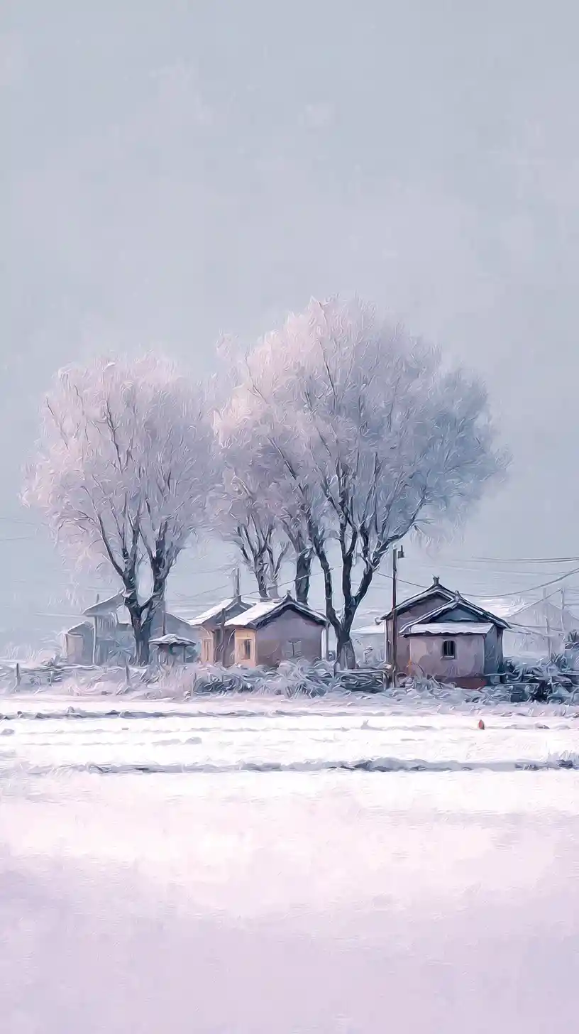 寧靜清晨中的雪景鄉村與欅樹