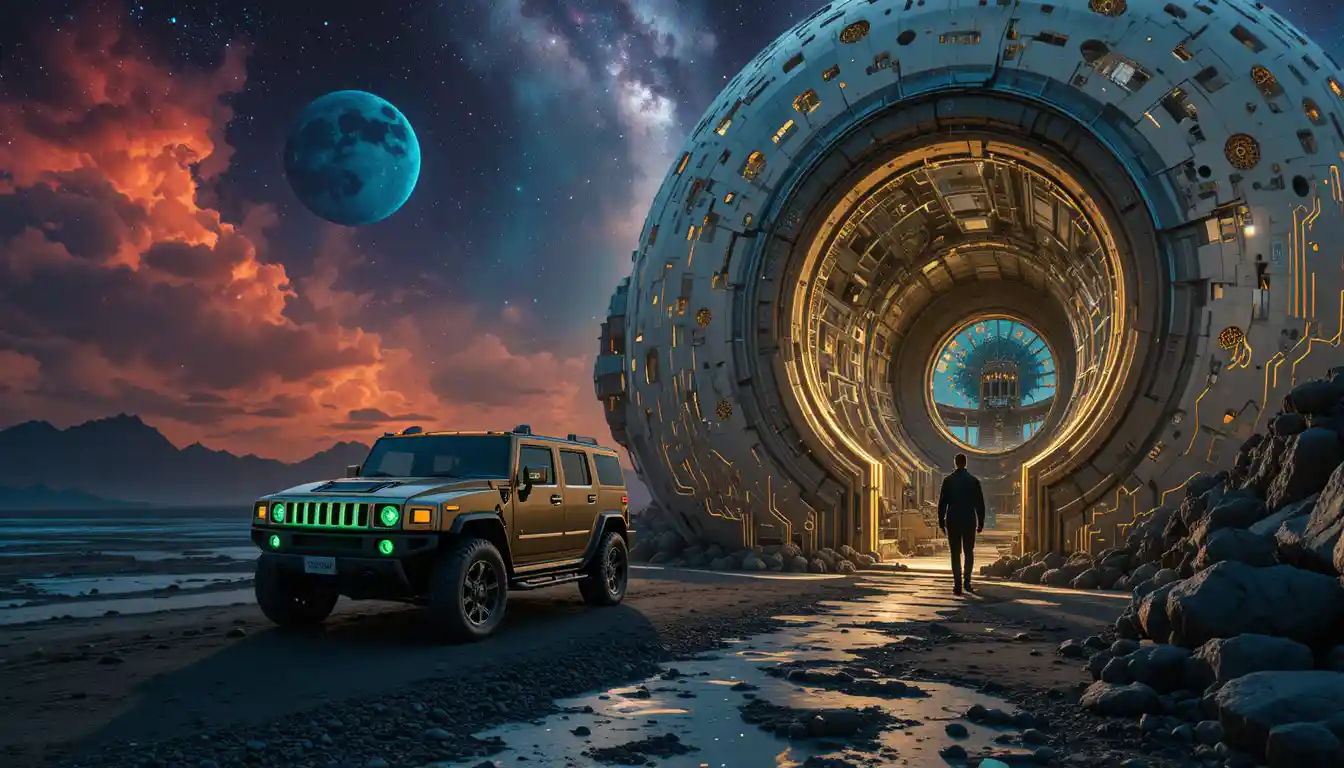 Electric SUV Beside Portal On Alien Black Sand Beach