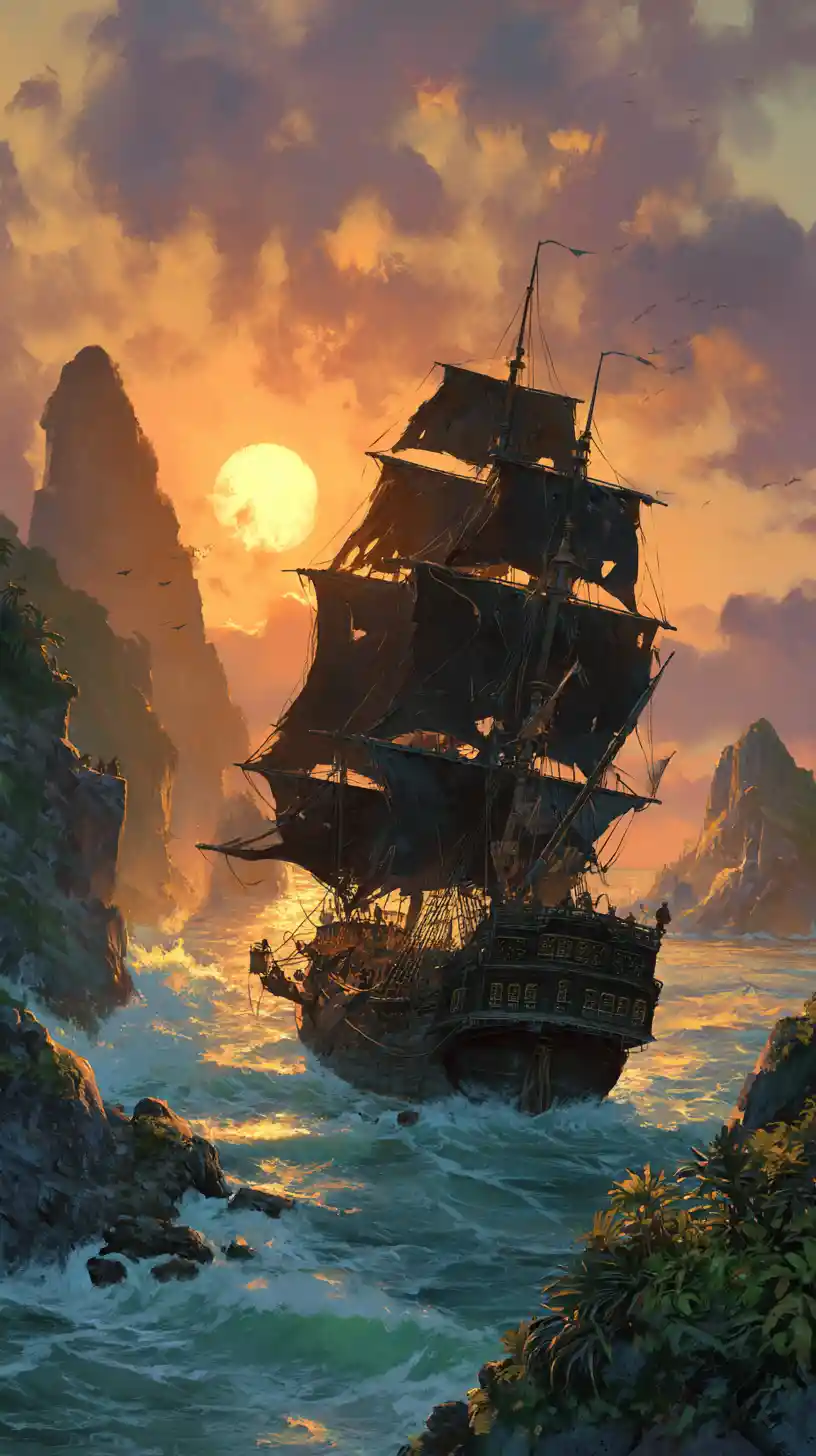 Navio pirata avança por ondas tempestuosas ao pôr do sol reluzente
