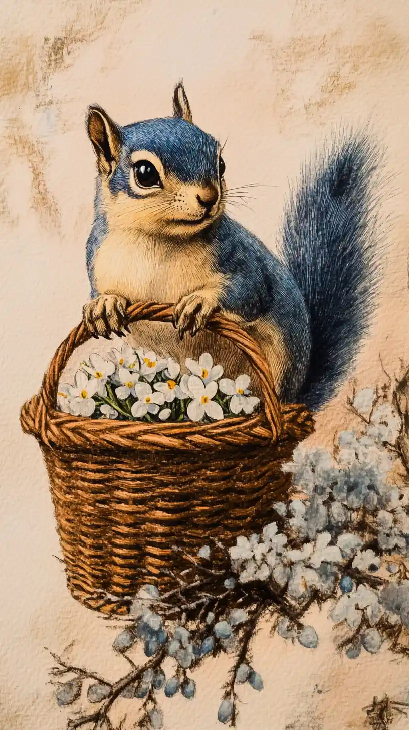 Esquilo fofinho com cesta de flores-de-neve na suave luz da primavera