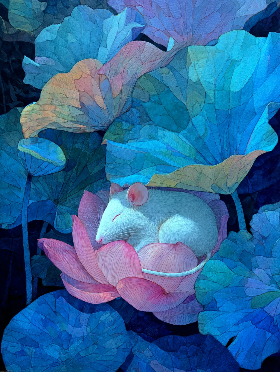 Schlafende Maus in einer Lotusblüte auf einem Teich