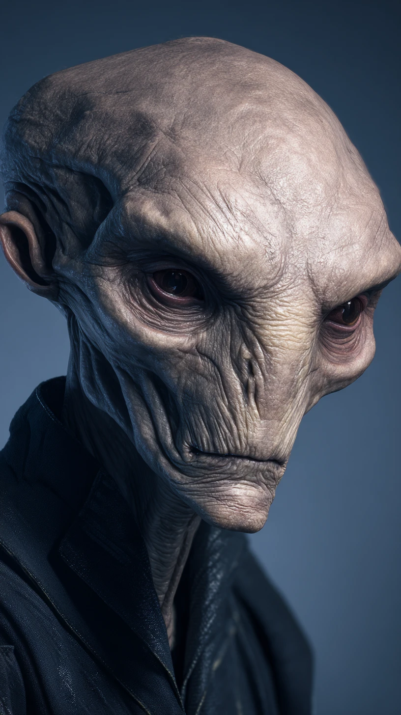 Figura alienígena en un paisaje distante con nave espacial detrás