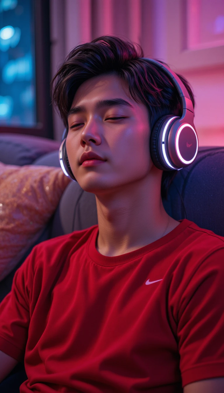 Garoto coreano relaxando no sofá à noite com fones de ouvido luminosos