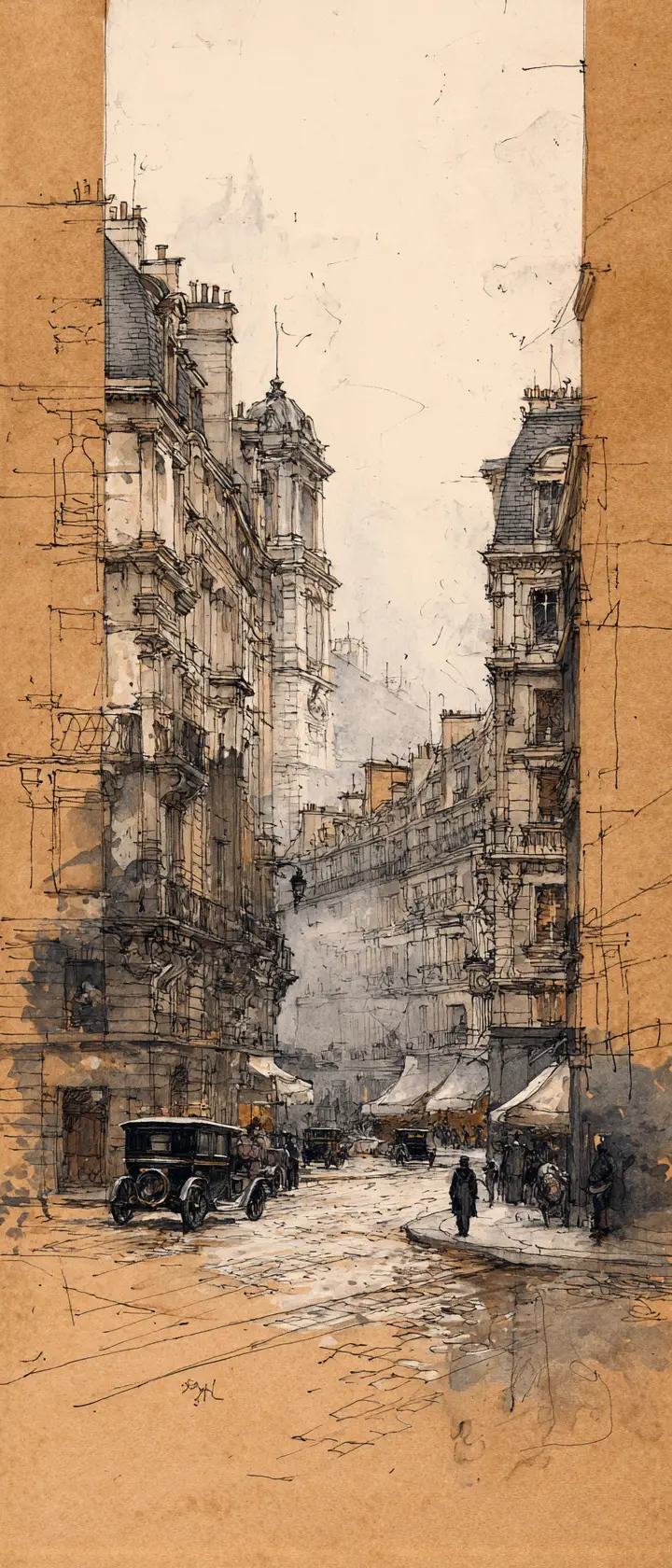Dessin à l’encre d’une rue de ville atmosphérique du début du XXe siècle