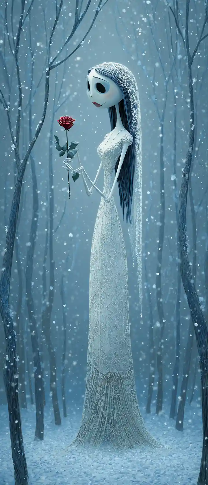 鬼魅新娘在雪林中放下一朵紅玫瑰