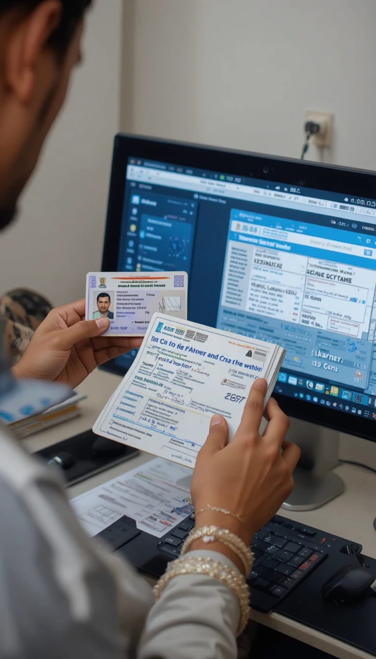 Office worker applying for pan card at computer desk
