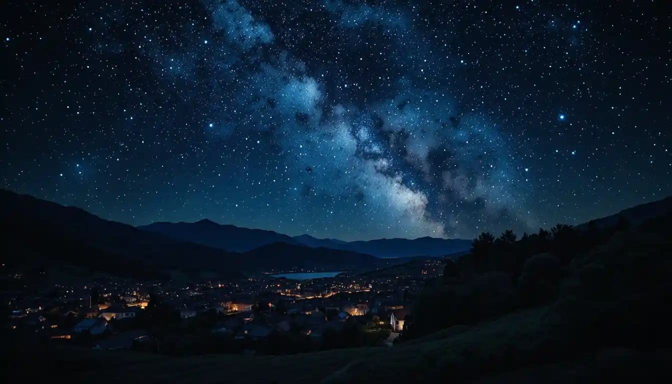 Sternenhimmel über einem ruhigen Dorf im Pointillismus-Stil