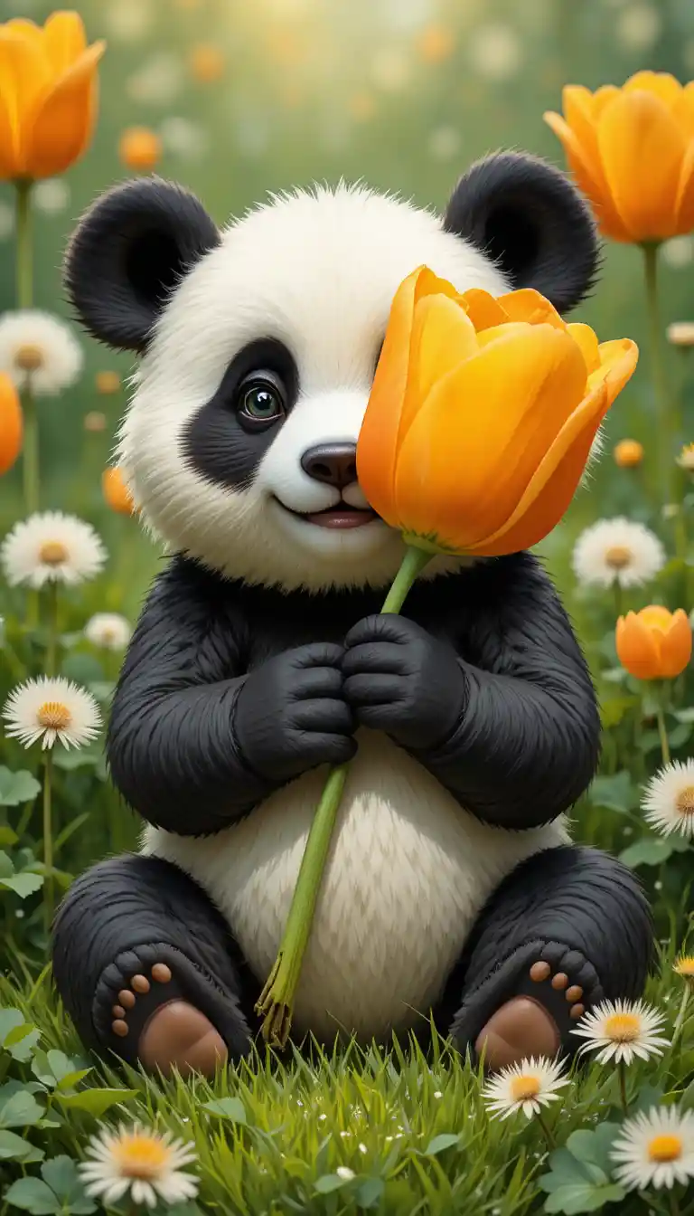 Panda em desenho animado segurando uma tulipa laranja gigante na grama