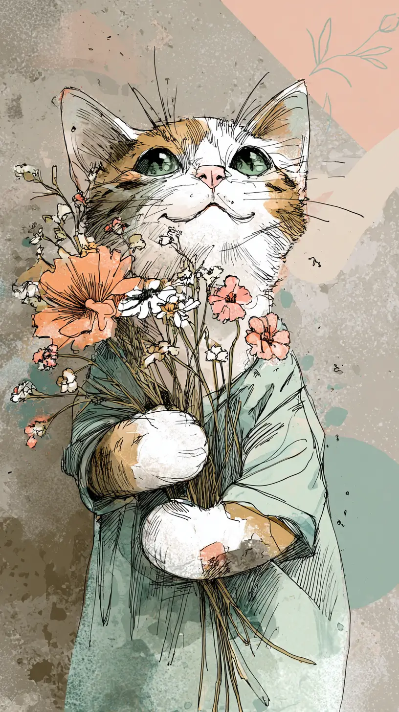 Niedliches Kätzchen mit Blumen in zarter Aquarellillustration
