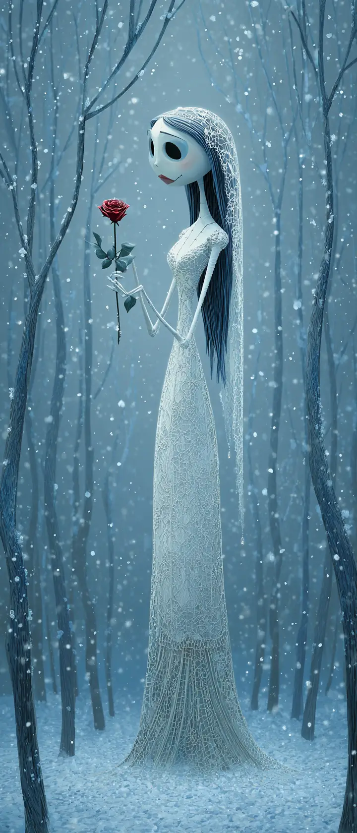 鬼魅新娘在雪林中放下一朵紅玫瑰