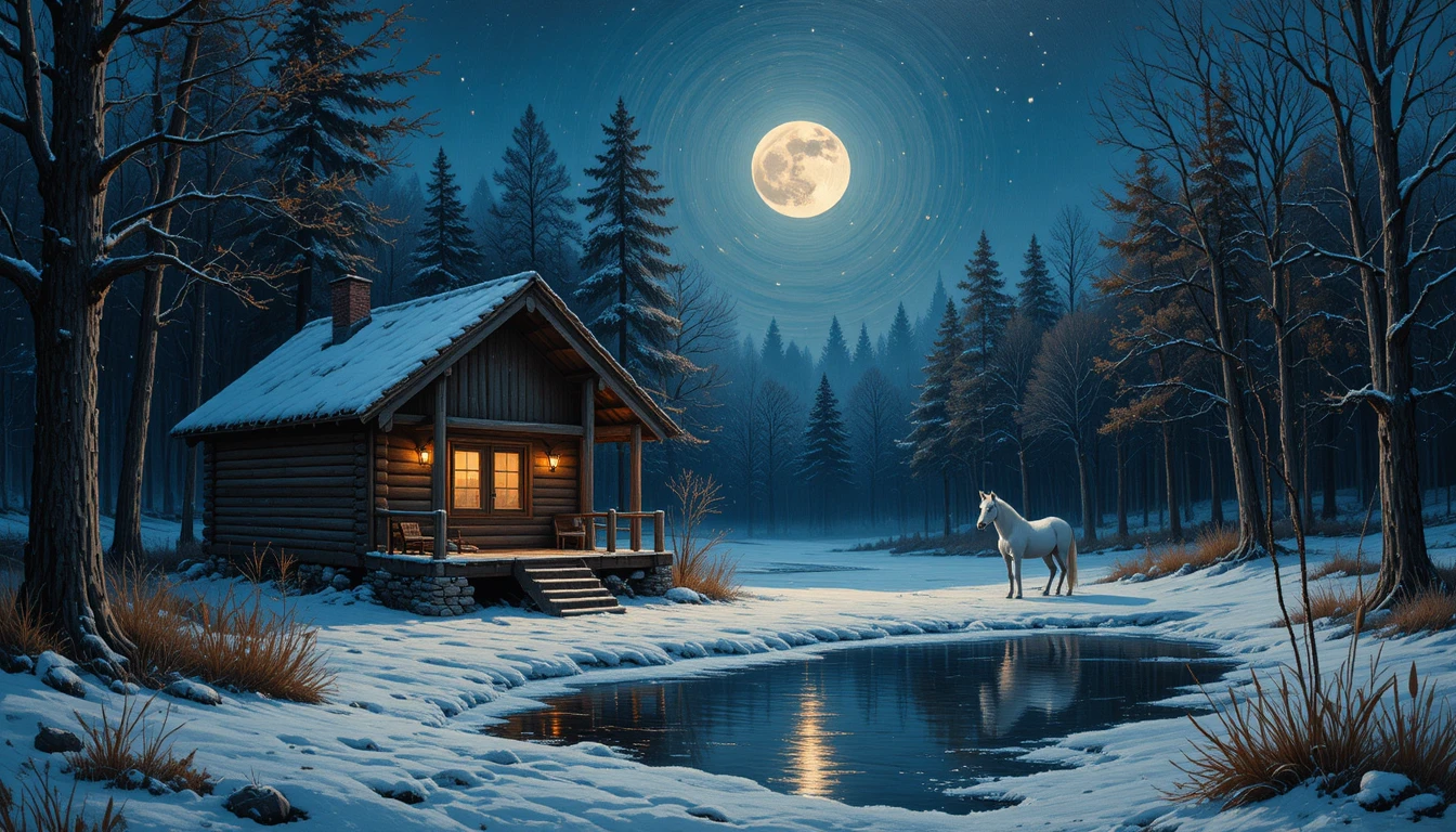 Cabana de floresta de inverno ao luar com cavalo branco descansando