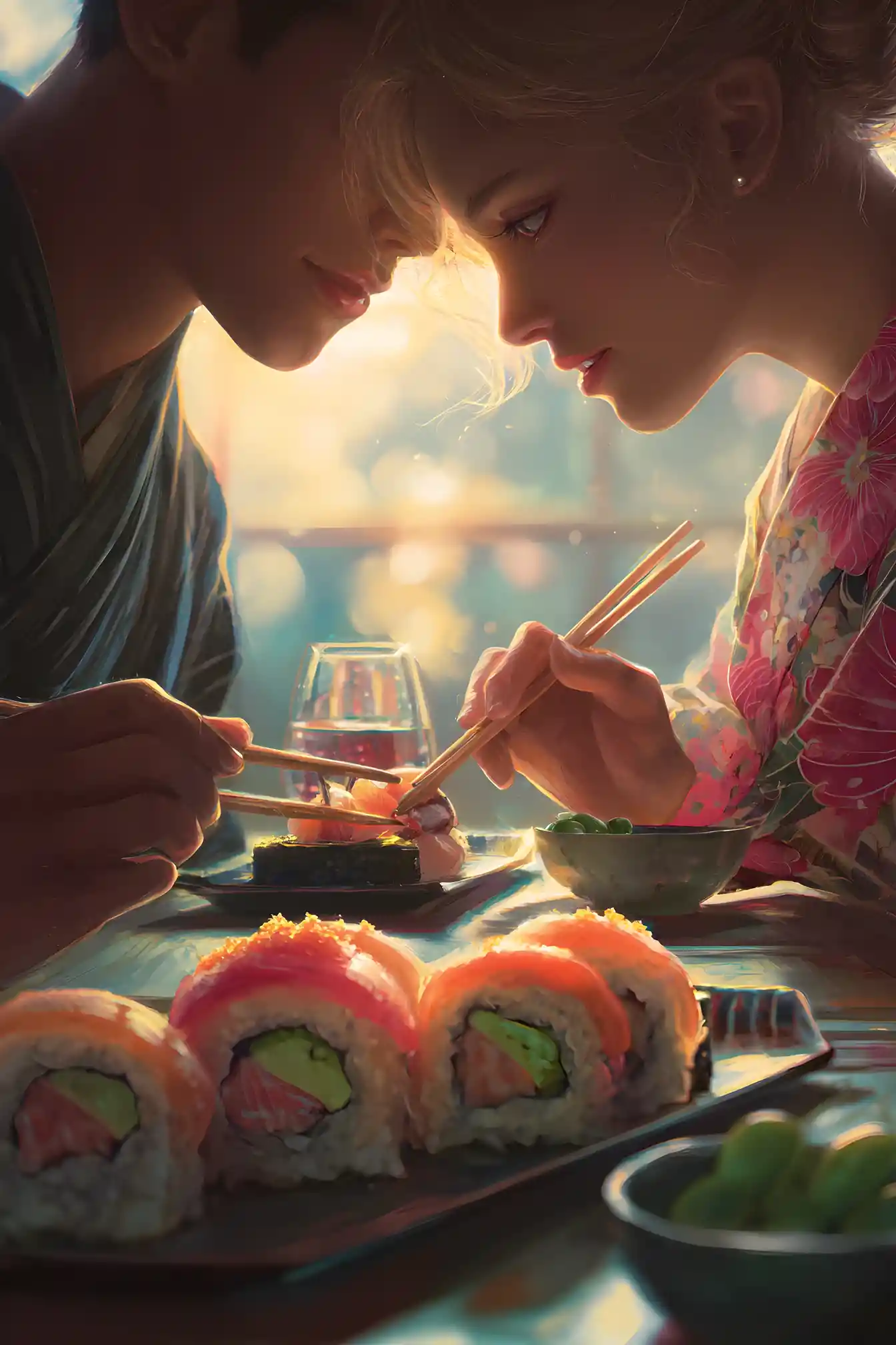 Hungry couple sharing sushi at a modern restaurant table