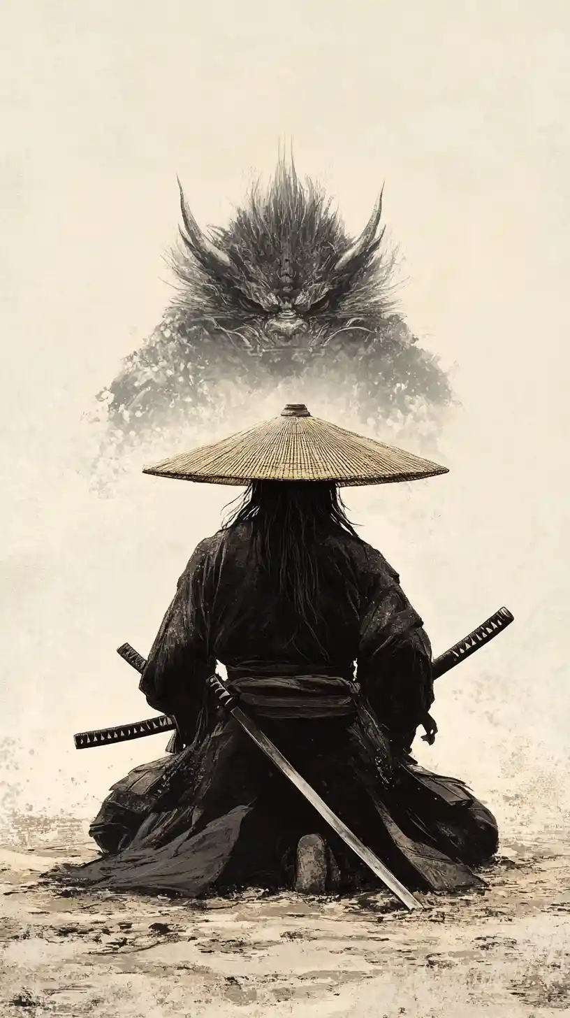 Solitary samurai kneeling in sand beneath a clear sky
