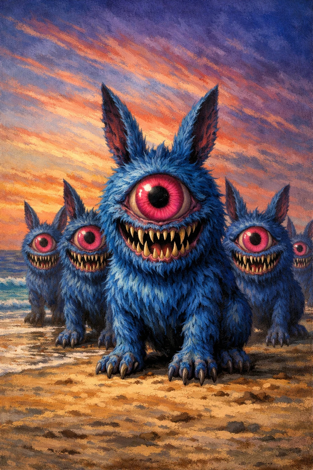 Blue one eyed rabbit monsters lined up on a beach