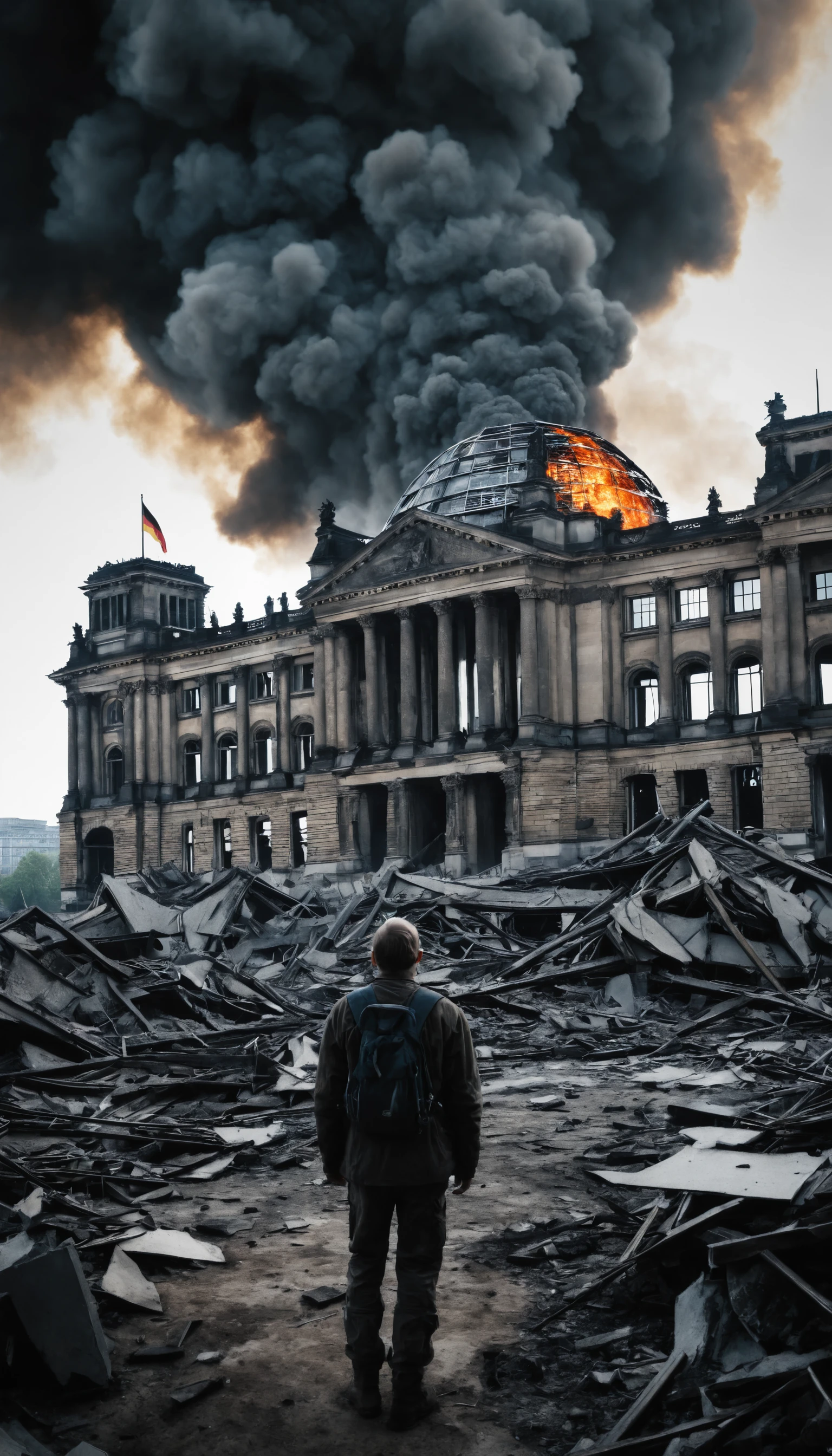 Reichstag em ruínas em uma cidade pós-apocalíptica em chamas