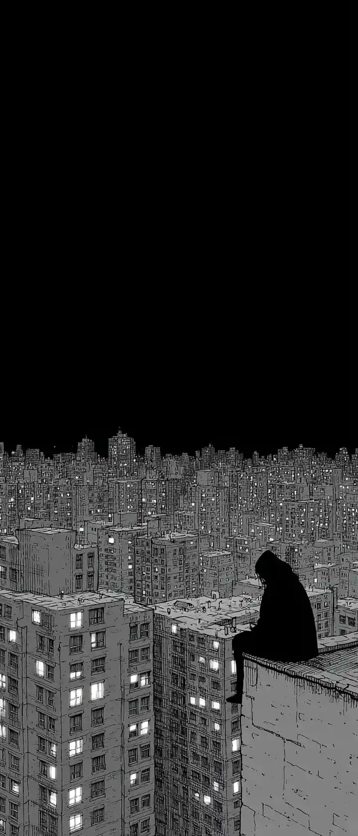 Figura en la azotea mirando la ventana lejana de la ciudad