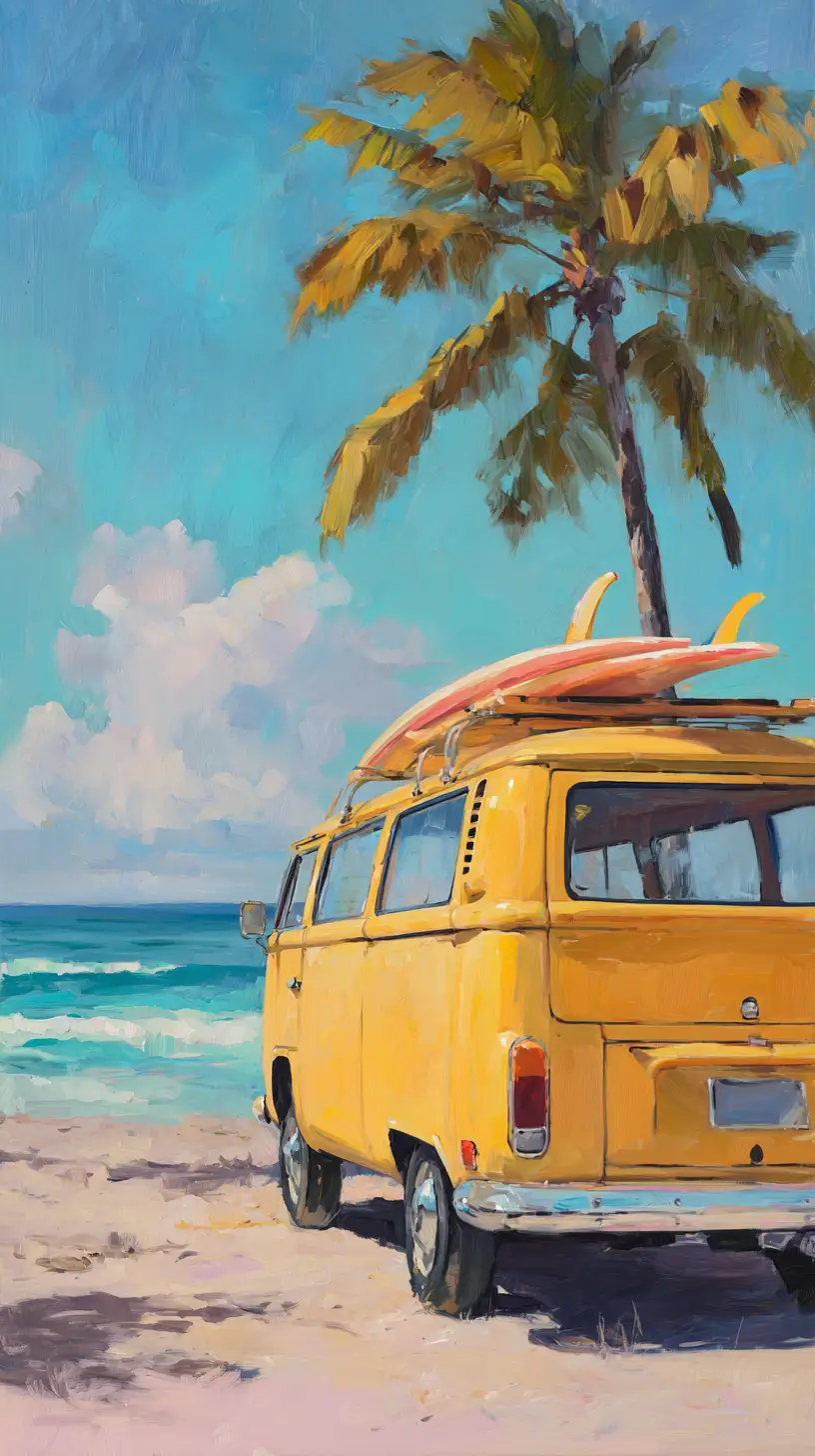 Vintage yellow van by the sea at golden hour