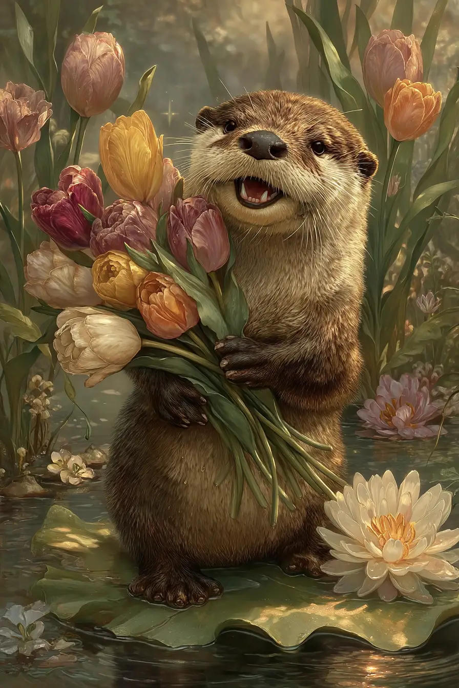 睡蓮上的快樂水獺與鬱金香花束