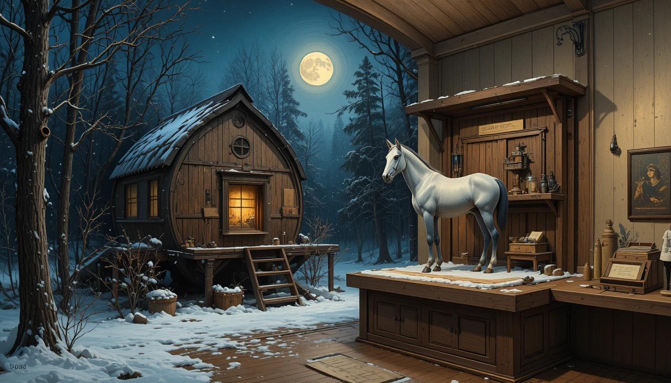 Moonlit winter forest cabin beside a frozen pond