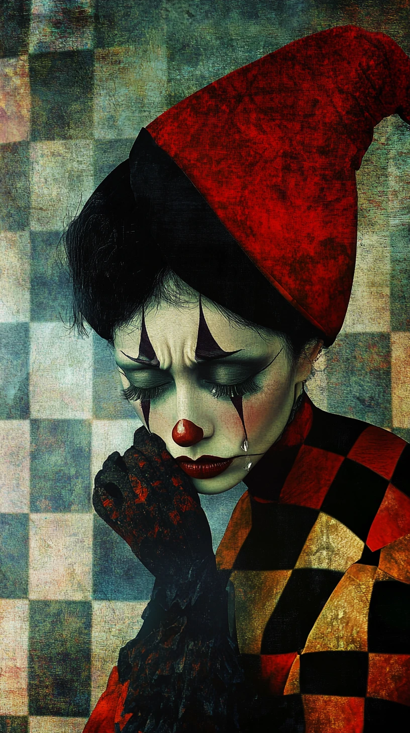 Pierrot féminine en larmes dans un rêve surréaliste à damier
