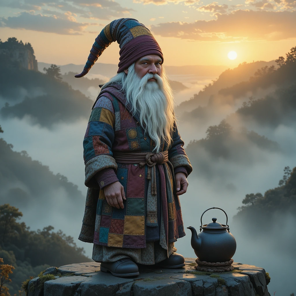 Gnome en Robe Patchwork à Côté d'une Bouilloire à l'Aube