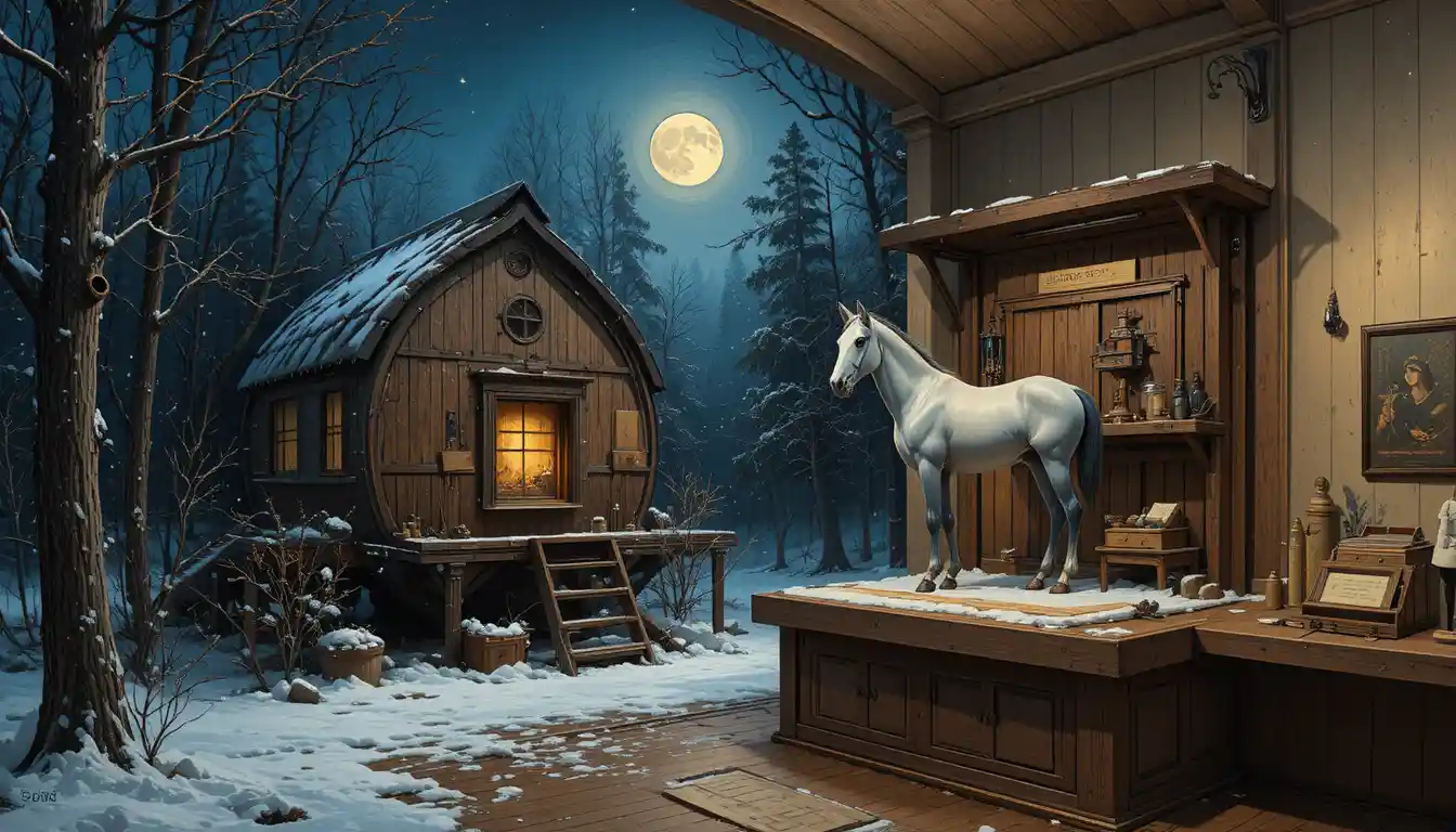 Moonlit winter forest cabin beside a frozen pond