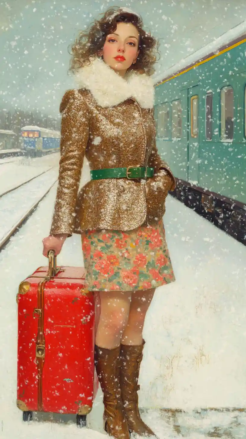Woman with red suitcase waiting on snowy train platform