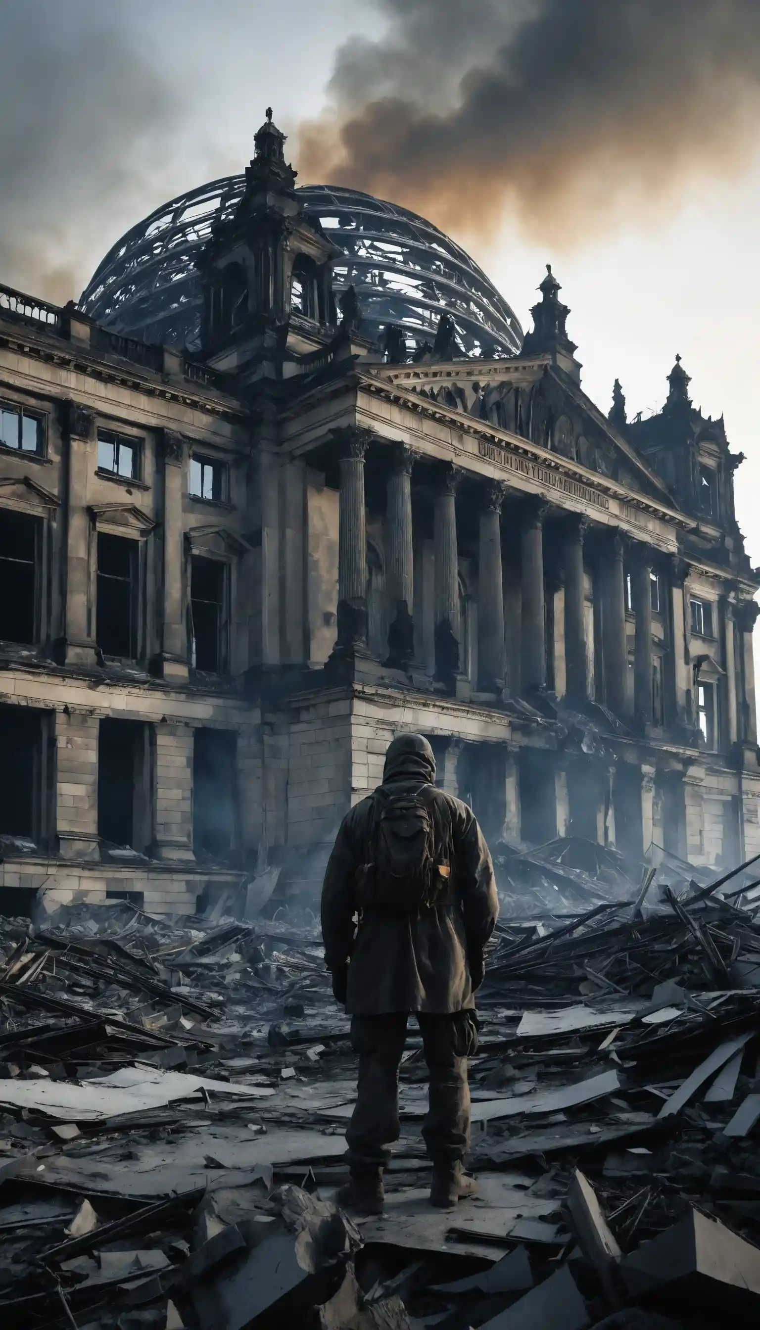 Ruínas em chamas do Reichstag em um deserto pós-apocalíptico
