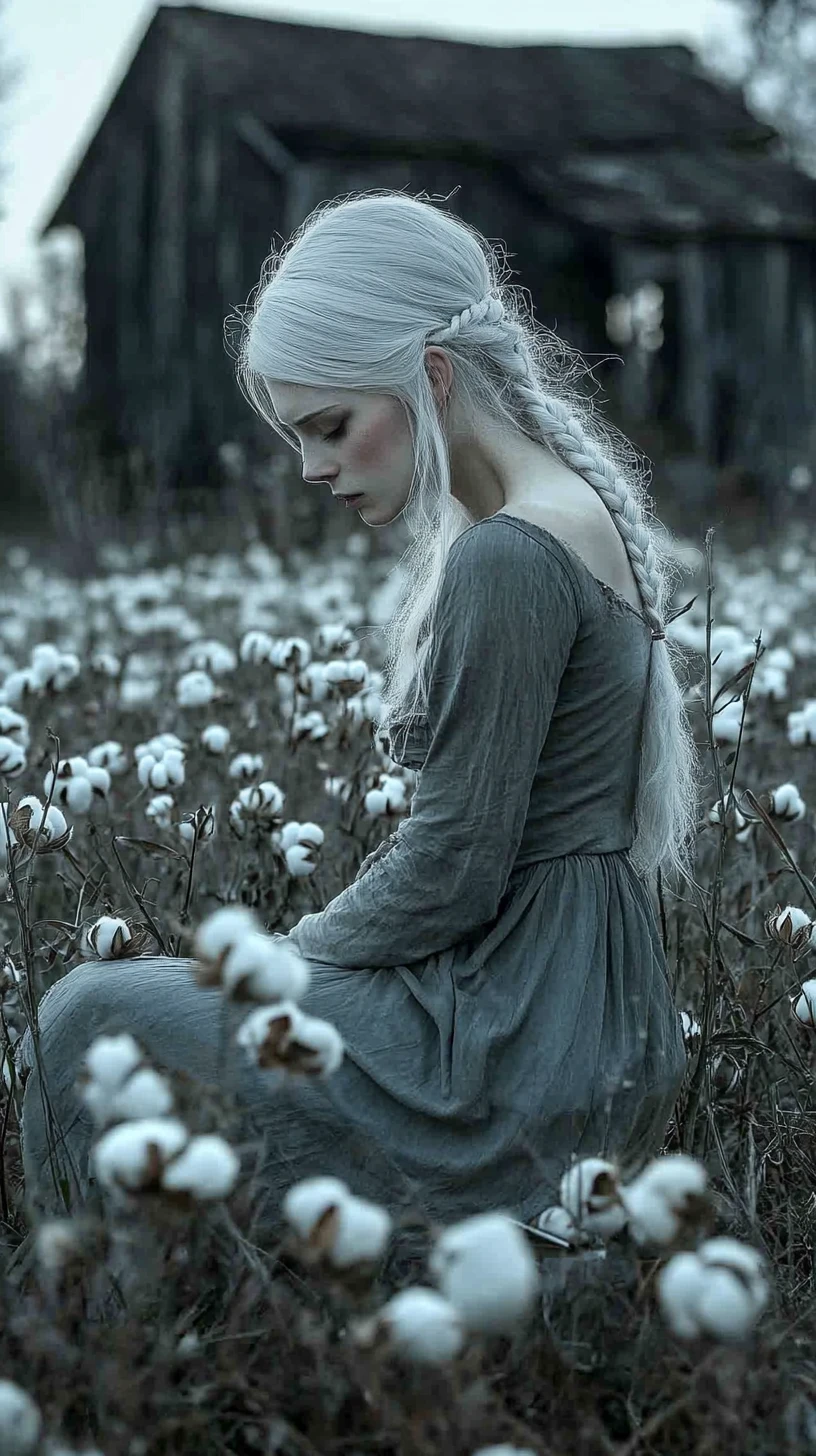 Mujer de cabello blanco arrodillada en un sombrío campo de algodón