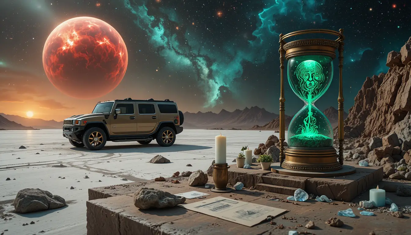 Futuristic SUV by portal on cosmic black sand beach