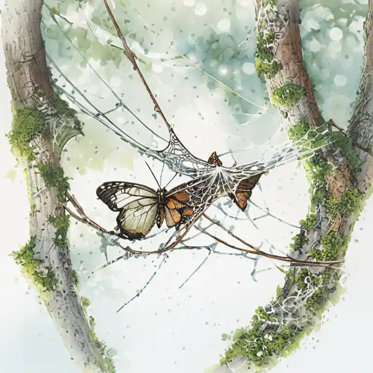 Borboleta laranja presa em teia de aranha em floresta enevoada