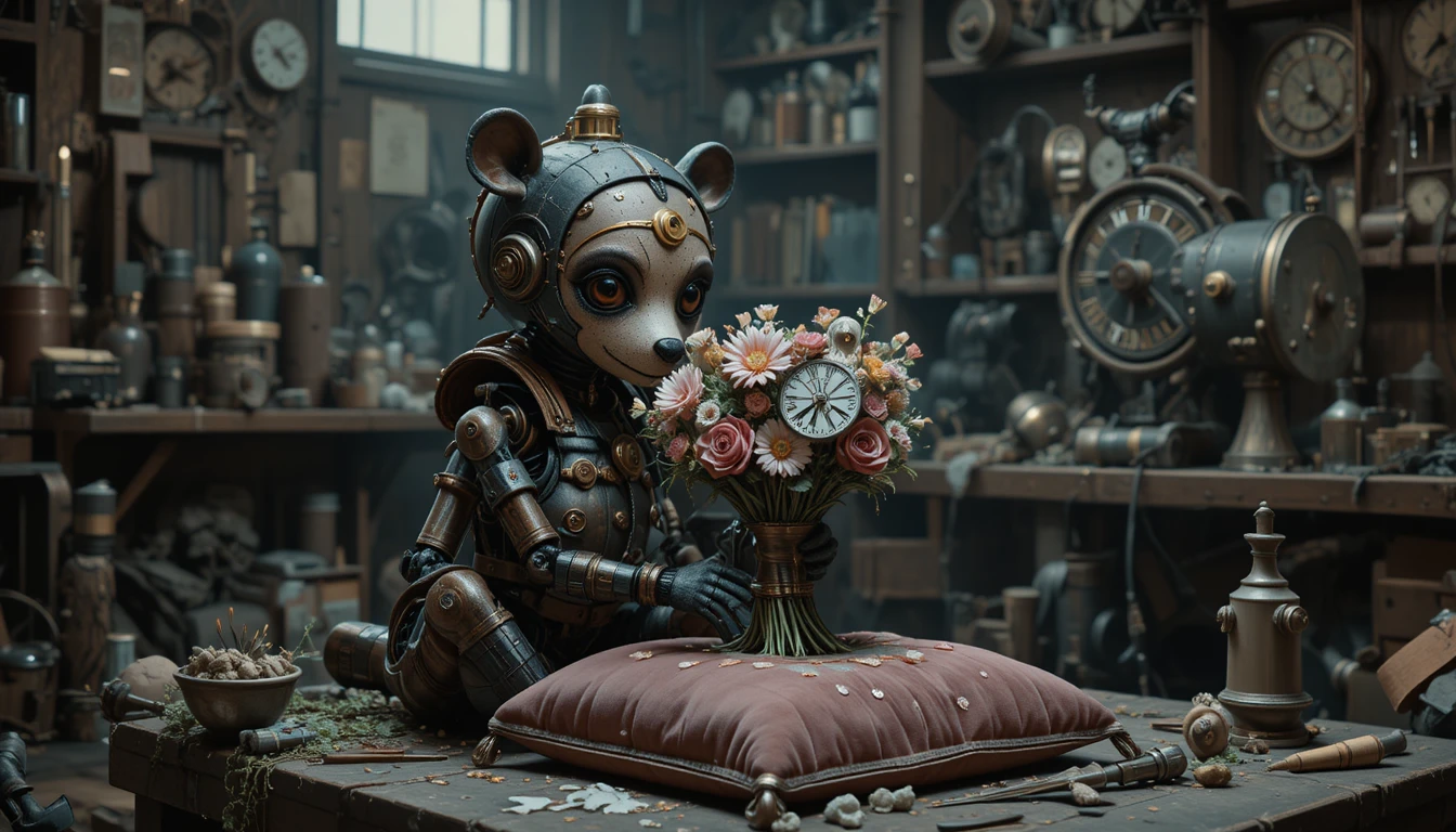 Steampunk bear automaton arranging clockwork flowers in workshop