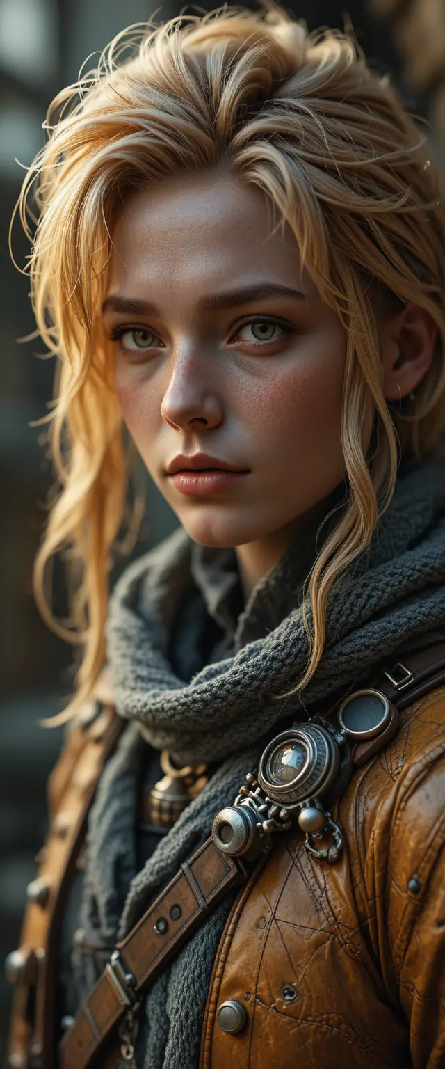 Retrato realista em live action de uma mulher estilizada