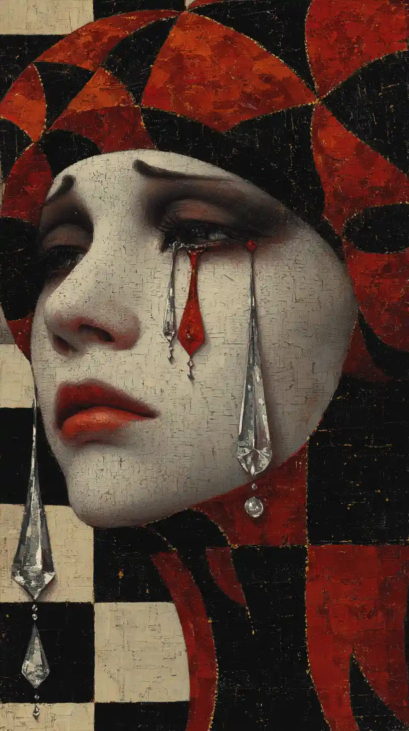 Pierrot féminine sombre pleurant des larmes de cristal aux couleurs surréalistes