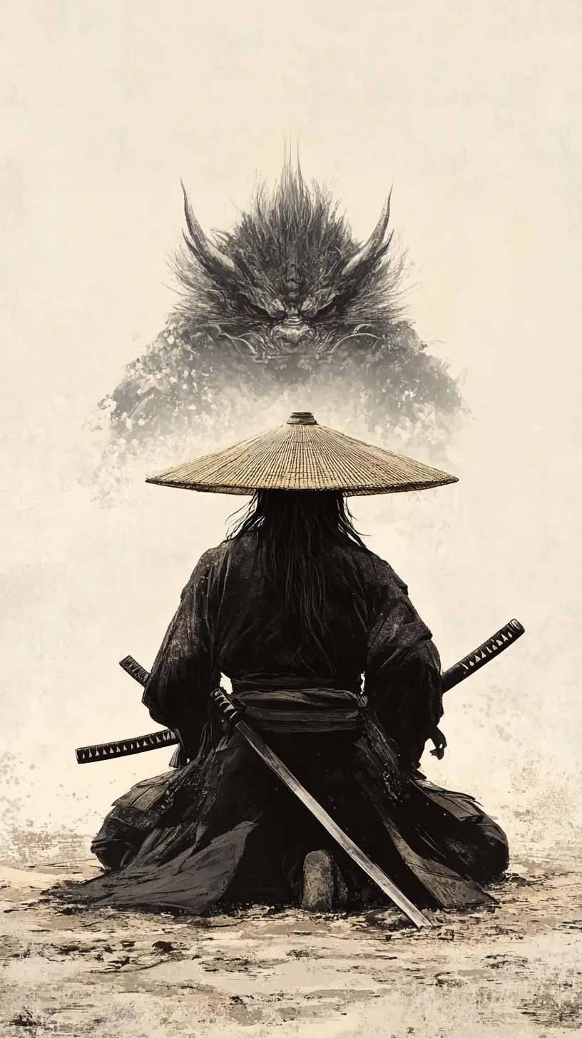 晴空下跪於沙地上的孤獨武士