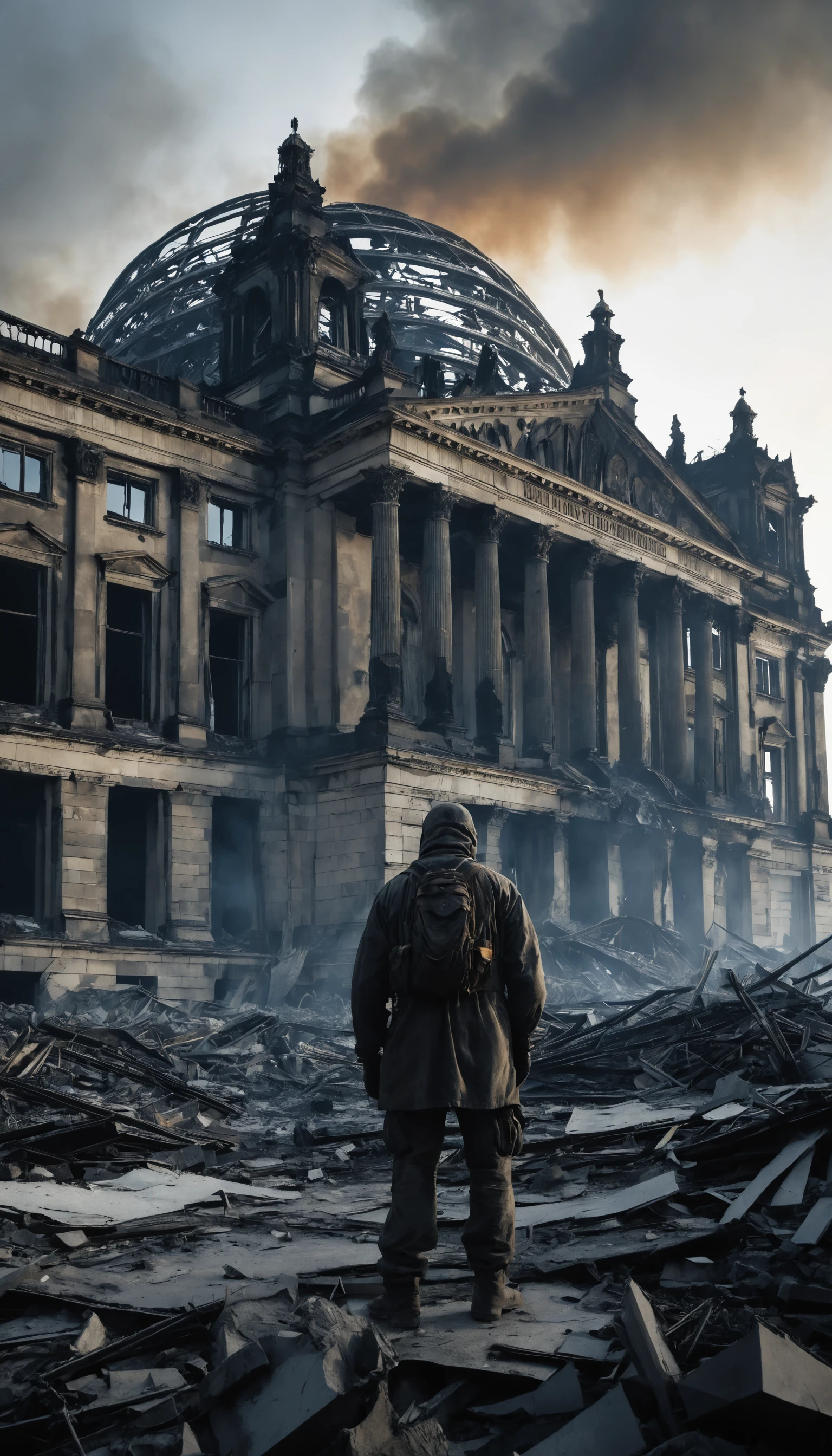 Ruínas em chamas do Reichstag em um deserto pós-apocalíptico