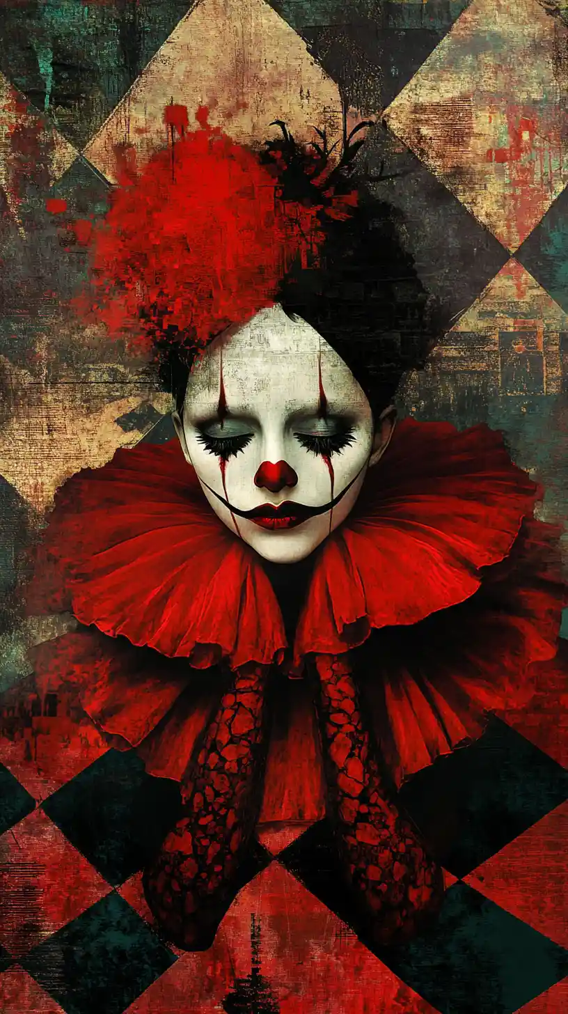 Femme Pierrot Sombre en Larmes dans un Monde Surréaliste en Damier