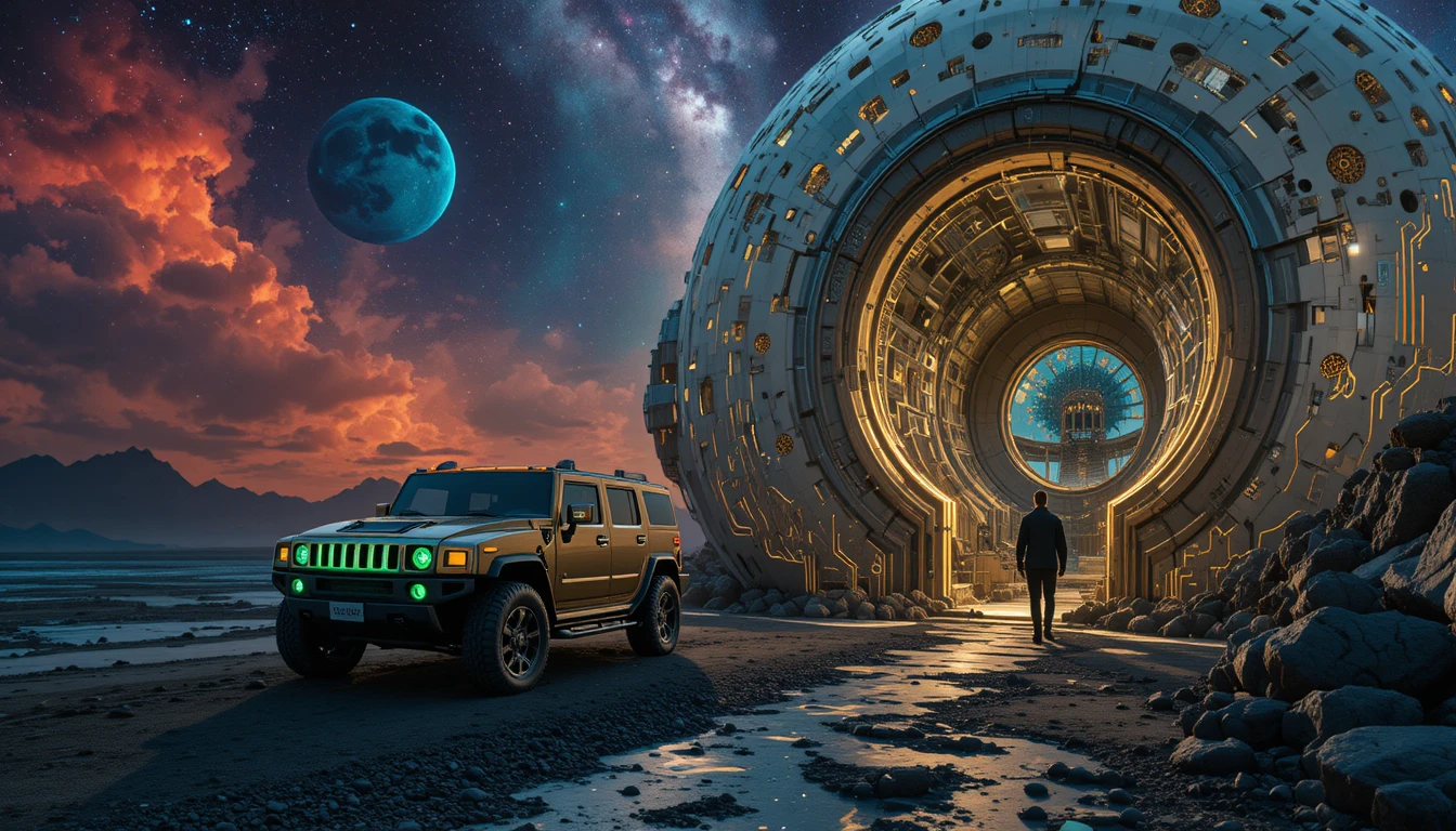 Electric SUV Beside Portal On Alien Black Sand Beach
