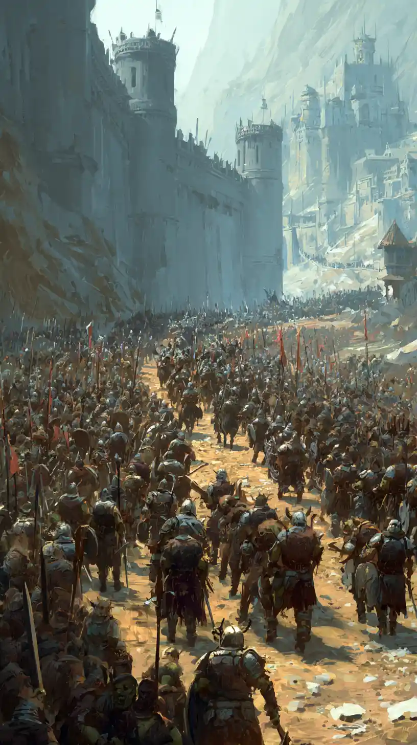 Horda de orcs avançando contra uma fortaleza com defensores humanos