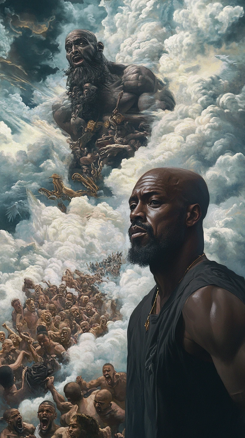 Powerful man and dark deity overlooking chaotic cloud scene