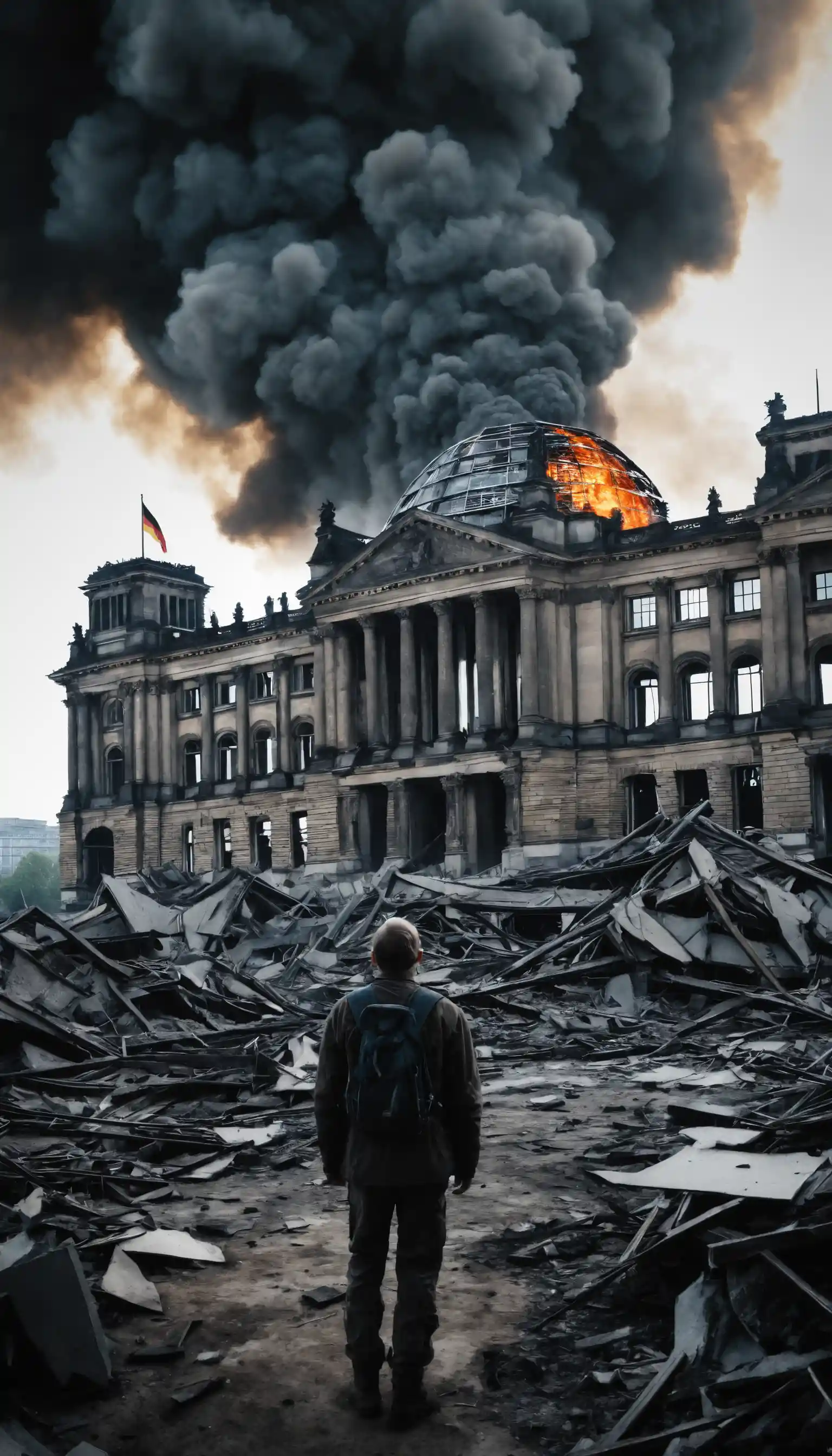 Reichstag em ruínas em uma cidade pós-apocalíptica em chamas