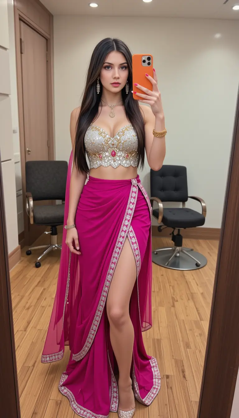 Stylish mirror selfie of woman in magenta indo western outfit