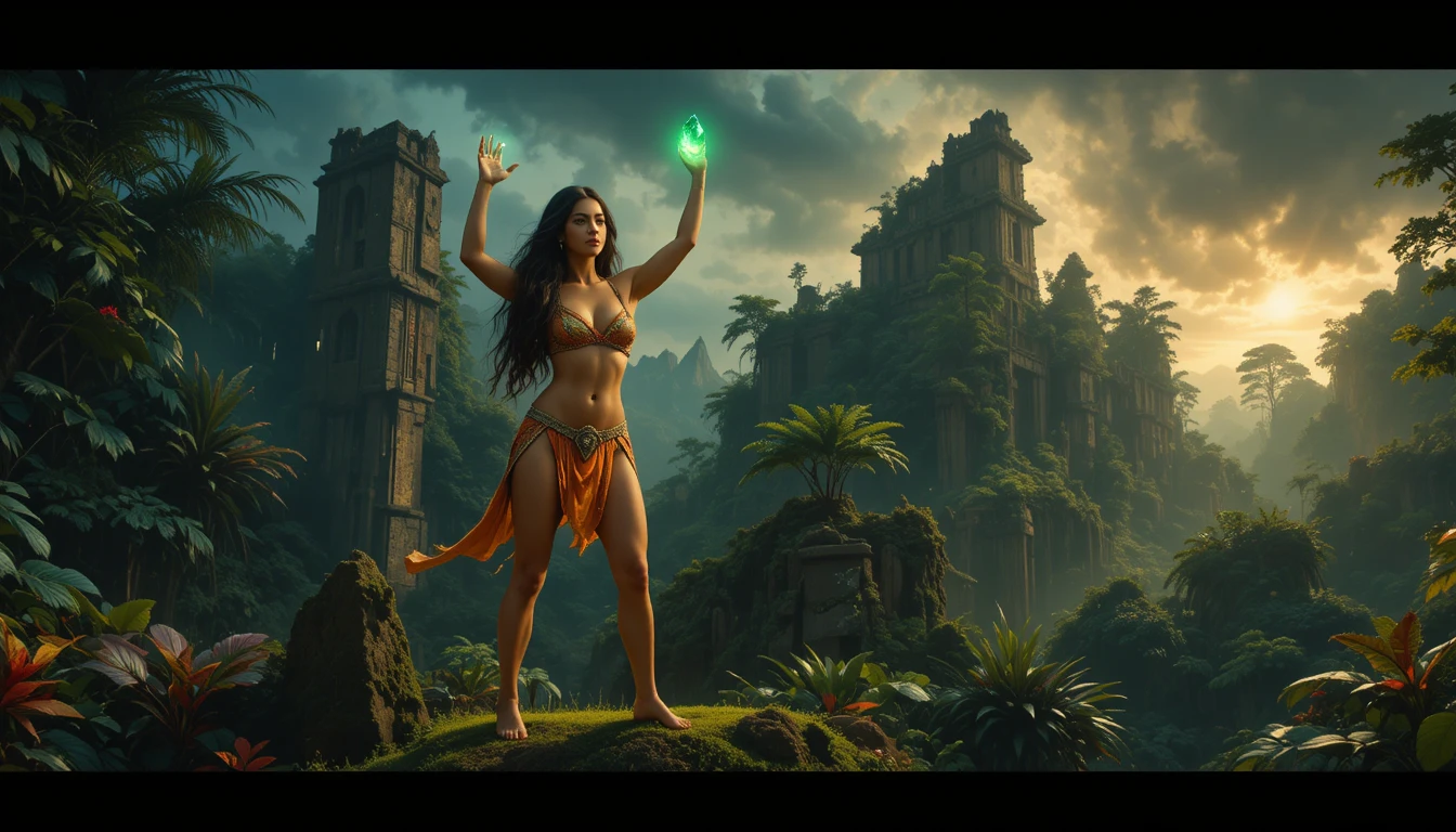 Amazon warrior queen raising a glowing emerald crystal