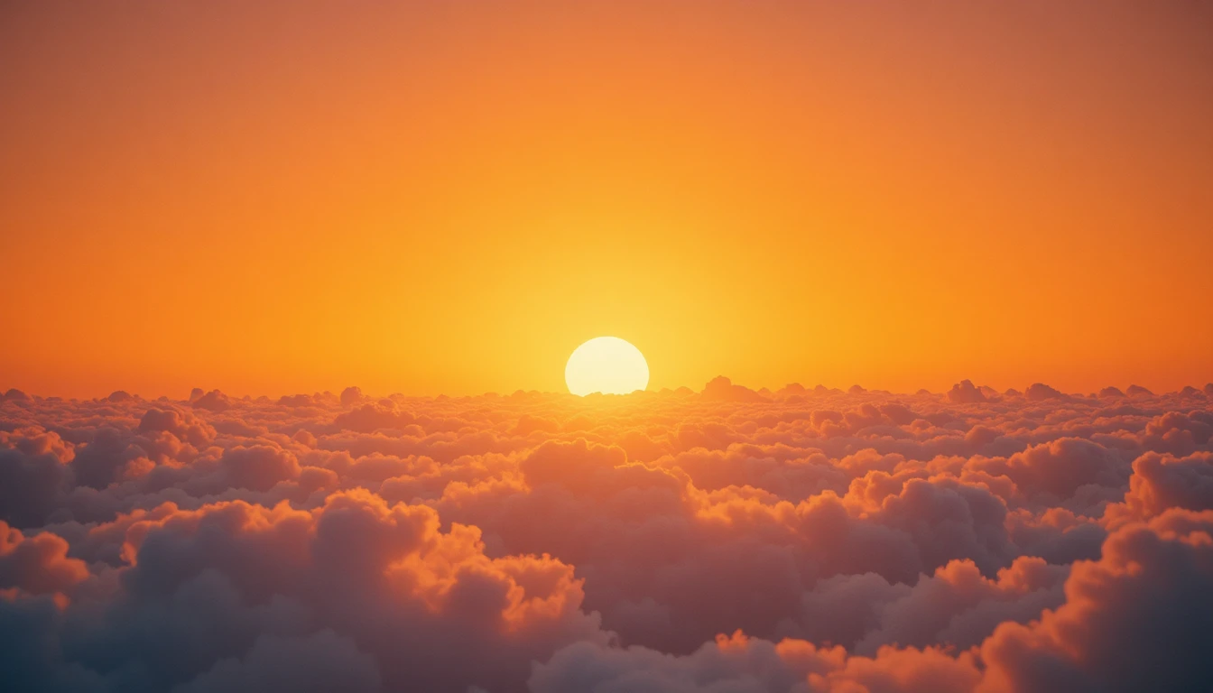 Serene orange dawn sky with bright white horizon clouds