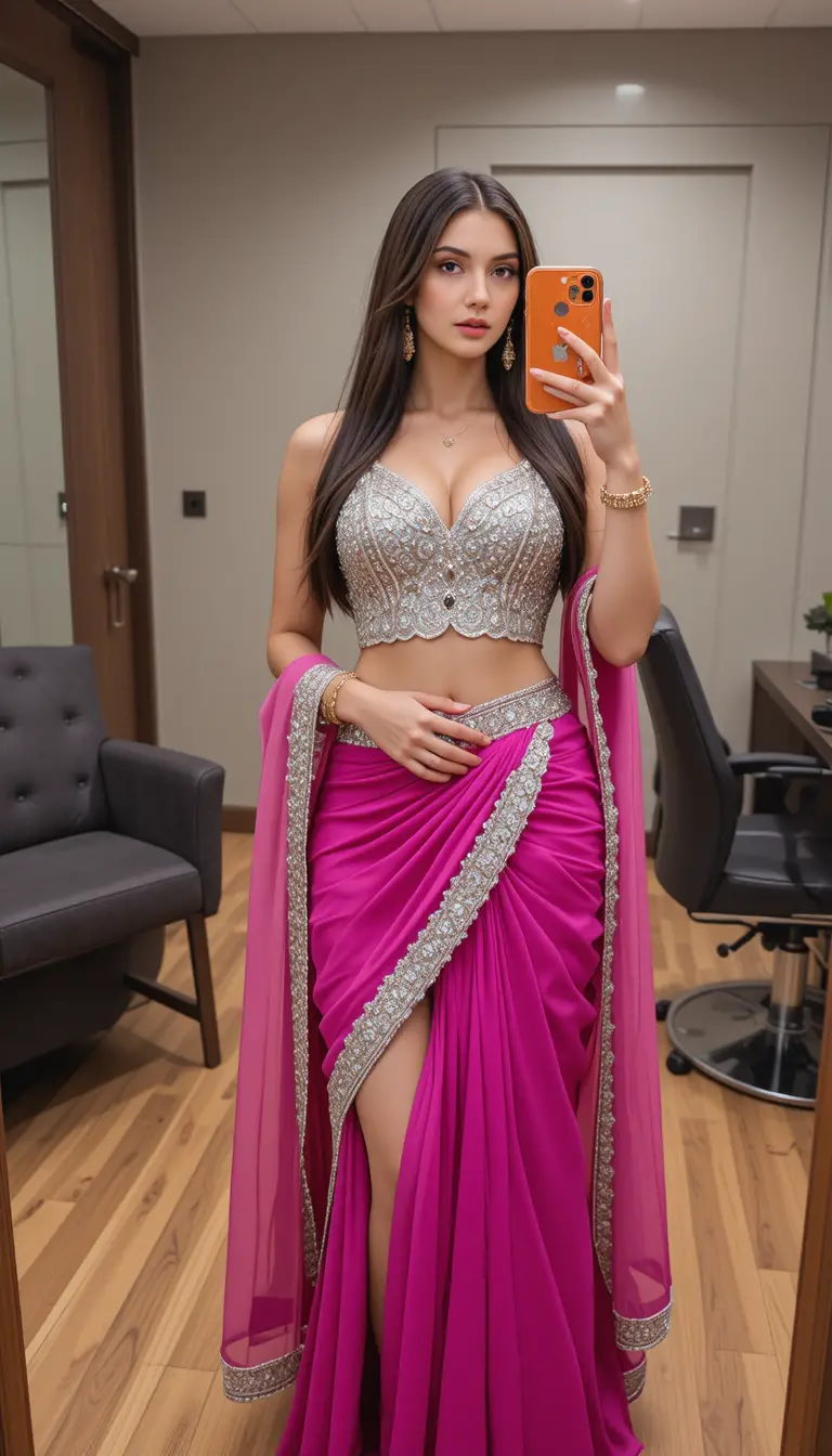 South Asian woman mirror selfie in magenta dhoti skirt