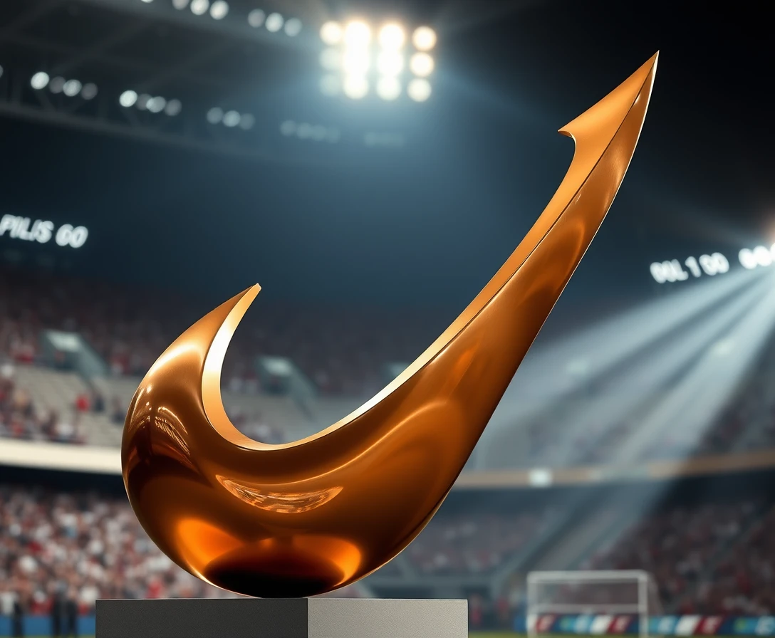 Bronze trophy sculpture with dynamic spotlight in stadium scene