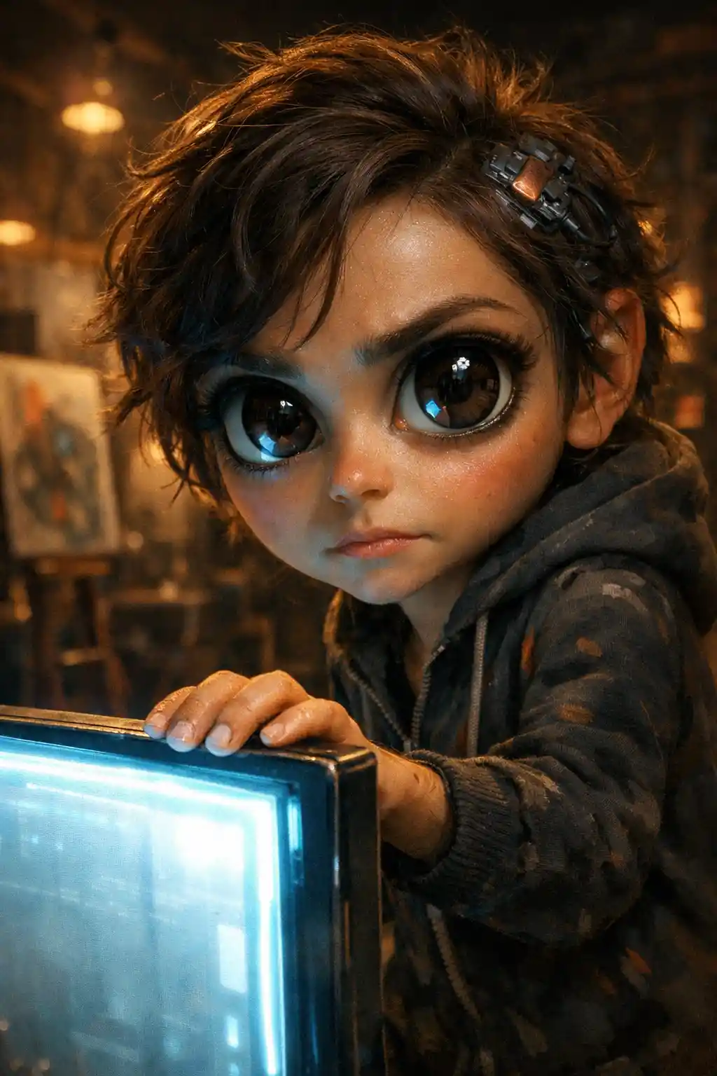 Portrait en gros plan d’un artiste IA devant un écran lumineux