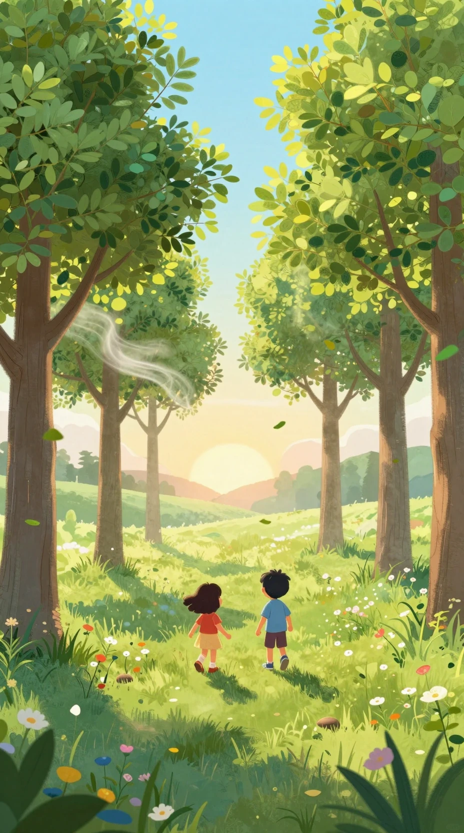 Des enfants jouent dans une paisible prairie de printemps au lever du soleil