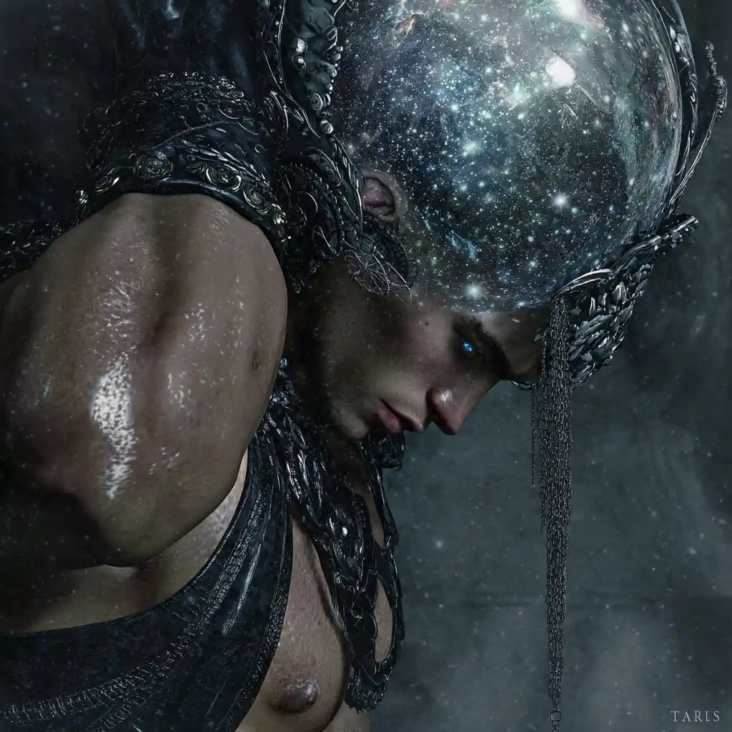 Atlas Bearing A Shimmering Celestial Sphere On His Shoulders